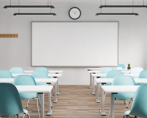 classroom with whiteboard and empty desks. education concept, back to school. 3d render